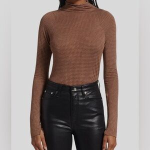 Rag & Bone Shaw Brown Multi Print Semi Sheer Funnel Turtleneck Long Sleeve Top